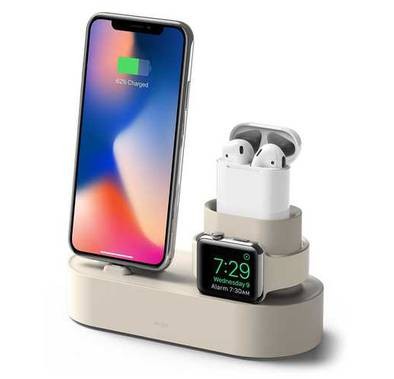 Elago 3 in 1 Silicone Charging Hub Case, Charging Dock Cover with Cable Management Compatible for All Apple Watch Series, AirPods 1 & 2, and iPhone X, XS, XS Max, XR - Classic White