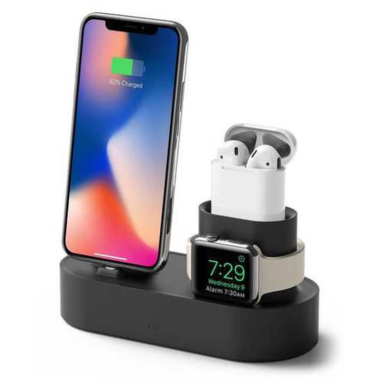 Elago 3 in 1 Silicone Charging Hub Case, Charging Dock Cover with Cable Management Compatible for All Apple Watch Series, AirPods 1 & 2, and iPhone X, XS, XS Max, XR - Black