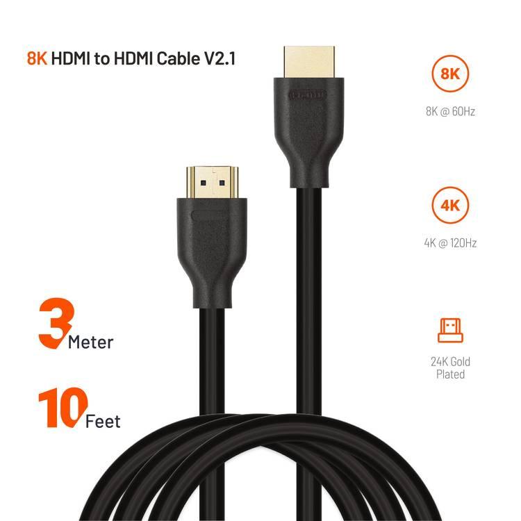 Porodo 8K HDMI to HDMI Cable V2.1 3m / 10ft Supports Ethernet, 3D, & Audio Return Compatible for Micro-USB Port to Micro-HDMI Port, High-speed Cable - Black