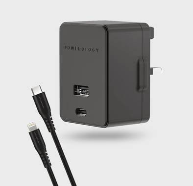 Powerology Ultra-Quick PD & QC Charger Dual Ports 32W Simultaneous Fast Charging Wall Charger with 1.2m/4ft USB-C to Lightning Cable (Black)