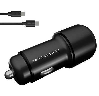 Powerology Aluminum Ultra-Quick 43W Car Charger 25W PD + QC3.0 with USB-C to USB-C Cable (0.9m/3ft) - Black