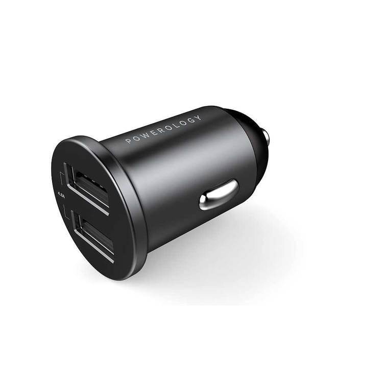 Powerology Dual USB-A Port Aluminum Mini Car Charger 4.8A 24W, Optimal Charging for Two Devices Simultaneously, Quick Charging Aluminum Car Adapter - Black