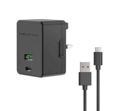 Powerology Dual Port Ultra-Quick PD & QC Charger Dual Ports 36W with 1.2m/4ft USB-A to Type-C Cable, USB-C Adapter Compatible for Type-C Devices - Black