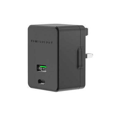 Powerology Ultra-Quick Power Delivery & Quick Charge Wall Charger w/ Type C Port, Dual Ports 36W Simultaneous Fast Charging For Two Devices, USB-C Adapter for Type-C Devices Black