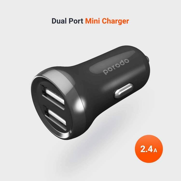 Porodo Dual Port Mini Car Charger 2.4A, Slim & Compact Car Adapter with Power Indicator & Fast Charging, Universal Compatibility, Safe and Reliable - Black
