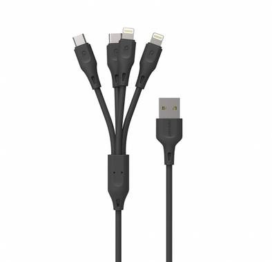كابل شحن بورودو ، كابل 4 في 1 PVC (Lightning / Type-C / Micro USB) مناسب لأجهزة Lightning &amp; Android 2.4A ، شحن سريع متين وموصل بيانات 1.2 متر - أسود