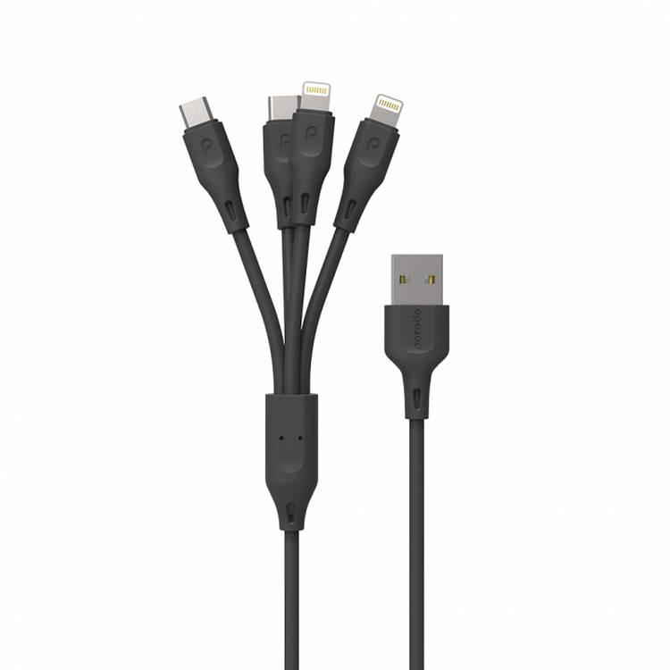 Porodo Charging Cable, PVC 4 in 1 Cable (Lightning/Type-C/Micro USB) Suitable for Lightning & Android Devices 2.4A, Durable Fast Charge and Data Connector 1.2Meter Cord - Black