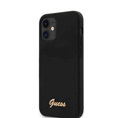 CG Mobile Guess Silicone Hard Case with Metal Logo Script, Shock-Absorption & Drop Protection for iPhone 12 / 12 Pro ( 6.1" ) Officially Licensed - Black