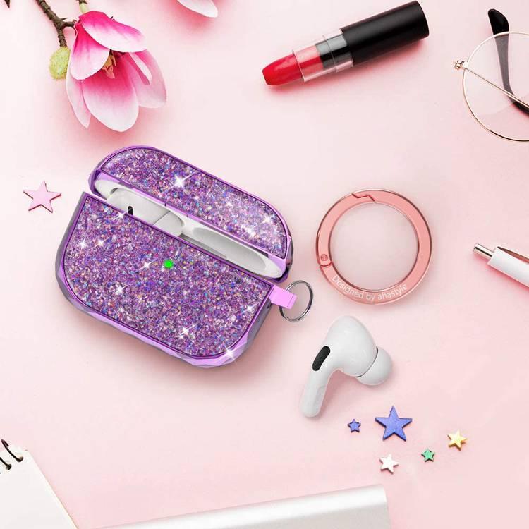 AhaStyle Luxury Glittery Glossy Case with Anti-Lost Carabiner Compatible for AirPods Pro, Hard Plastic Twinkle Glitter Cover, Scratch Resistant, Shock Absorption, Drop Protection