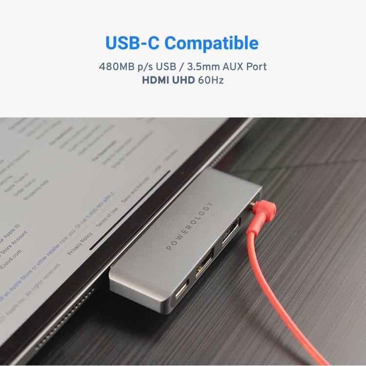 Powerology USB C Hub, 4 in 1 USB C iPad Pro Hub Adapter with 4K HDMI,Adapter with 3.5mm Headphone Audio Jack, USB 3.0, USB C PD Charging, iPad Pro 2021/2020 Microsoft Surface Pro (Gray)