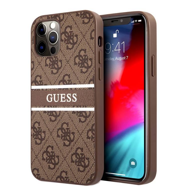 CG MOBILE Guess PU 4G Stripe Hard Case Compatible for iPhone 12 / 12 Pro (6.1") Shock & Scratch Resistant, Easy Access to All Ports, Drop Protection - Brown