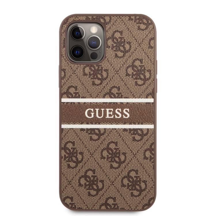 CG MOBILE Guess PU 4G Stripe Hard Case Compatible for iPhone 12 / 12 Pro (6.1") Shock & Scratch Resistant, Easy Access to All Ports, Drop Protection - Brown
