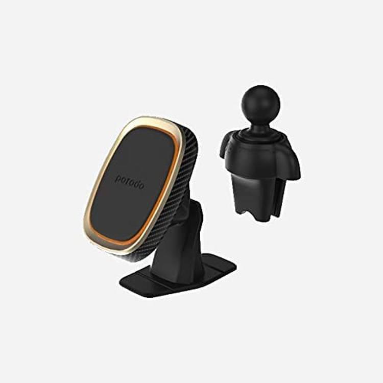 Porodo Car Mount, Aluminum Magnetic Car Mount Air-vent & Stick-on Holder Combo Mount Dashboard Mobile Phone Holder - Gold