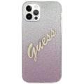 CG MOBILE Guess HC PC/TPU Script Glitter Back Shield Hard Phone Case Compatible for Apple iPhone 12 / 12 Pro (6.1") Shock-Absorption Mobile Case Officially Licensed - Gradient Pink