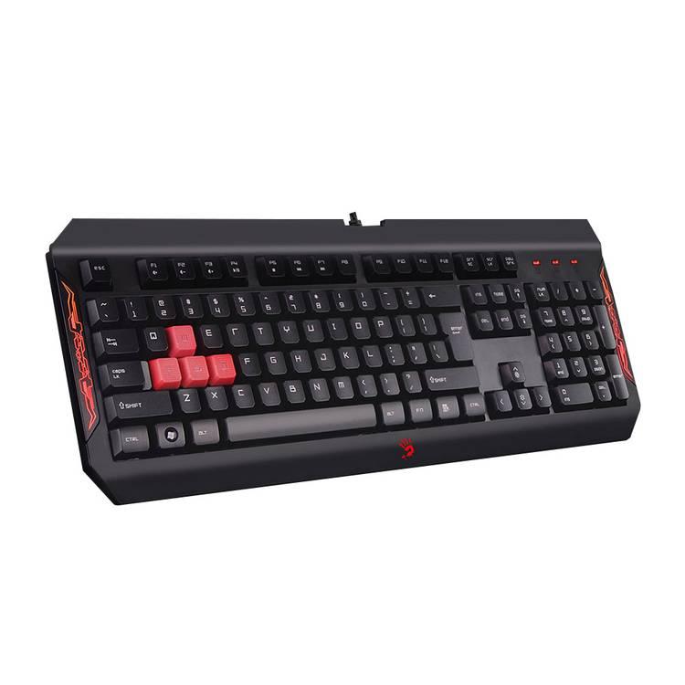 Bloody Blazing Gaming Keyboard, Anti-Slippery Lift, Convex Silicon Keys, Double Secured Water-Resistant, Multimedia Hot-Key, 5 Levels LED Brightness - Black