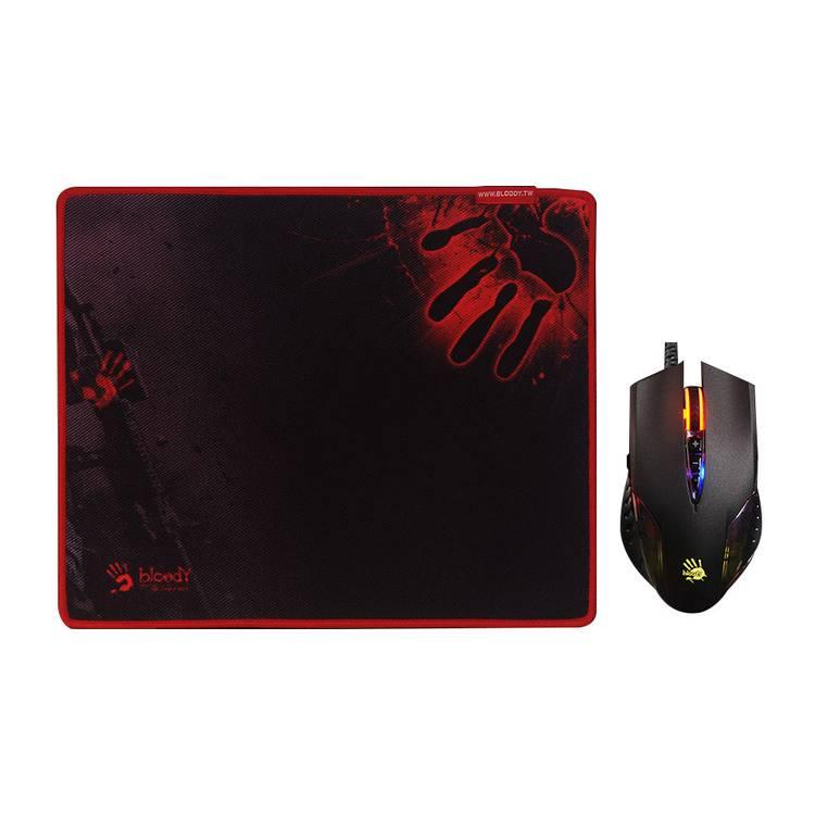 Bloody Neon X'Glide Gaming Mouse Bundle, 3200 CPI Adjustable, Armor Boot- X' Glide Pro Metal Mouse Pads, Braided Cable Mouse, 3 Neon Lighting Effects - Black