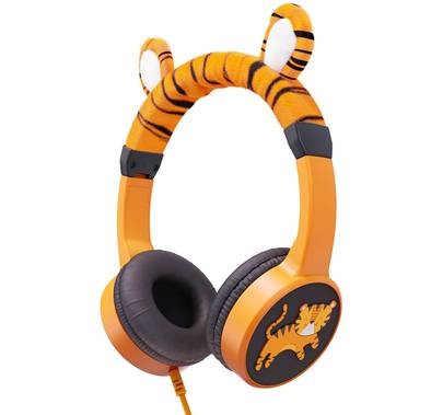 Planet Buddies Kids Wired Headphones, 85dB Volume Limited, Over Ear Foldable Headphones for Travel, School, Adjustable Headband Suitable for Children (Tiger) - Orange