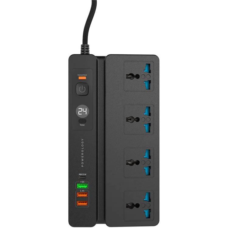Powerology Universal Socket P65MPSBK 4 AC, 3 USB Ports & USB-C PD 35W Socket with Phone Stand and Timer - Black