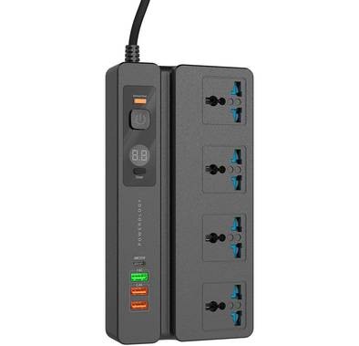 Powerology Universal Socket P65MPSBK 4 AC, 3 USB Ports & USB-C PD 35W Socket with Phone Stand and Timer - Black