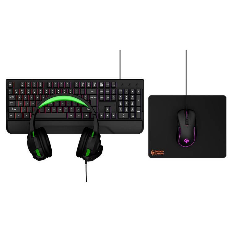 Gaming Set 4-in-1 by Porodo - Keyboard Rainbow Effects, Headphone Compatible for Playstation and Xbox, Mouse 800-3400DPI, Mouse Pad - Starter Kit (Black)