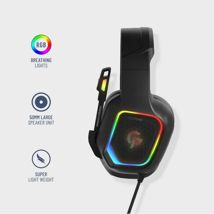 Porodo PDX411 Wired Gaming Headset, E-Sports High Definition RGB Breathing Light Gaming Headphone, 3.5mm Audio Jack, 3D Dimensional Sound, Noise Cancelling, Omni-Directional Microphone Black