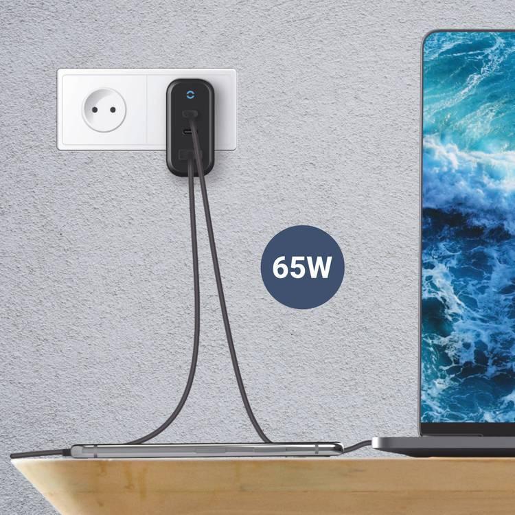 Powerology Wall Charger EU, 65W 3-Output with PD EU GaN Wall Charger with USB-A Fast Charging, MacBook Pro and Bottom Fast Charging Adapter - Black