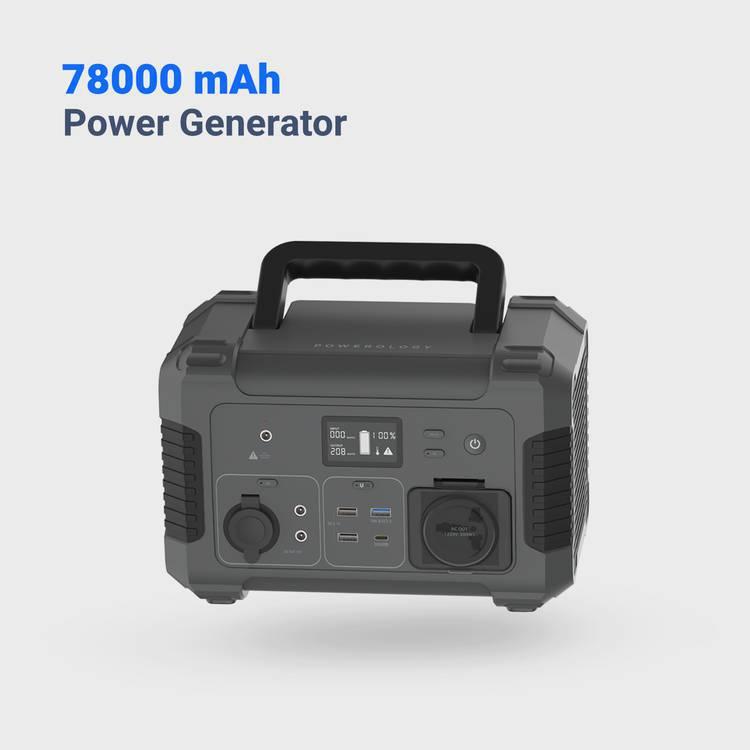 Powerology Portable Power Generator QC 18W, Solar Panel For Re-Charge, Universal Socket AC Outlet, Car Charger Port, Travel Companion Generator (78000mAh (300W PD 30W) - Black