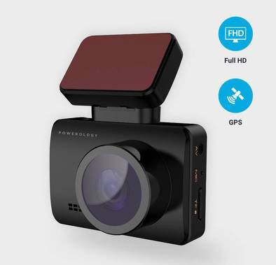 Powerology Dash Camera Pro 1080P, GPS coordinates, WIFI, 4-Lane Wide Angle, Motion sensor, Gravity sensor, Gap-less recording with App - Black