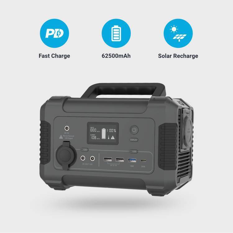 Powerology Portable Power Generator 62500mAh 200W QC3.0 PD 30W/Solar Panel For Re-Charging The Generator, Universal Socket AC Outlet - Black