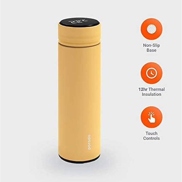 Porodo Smart Water Bottle Cup With Temperature Indicator, Up to 12 Hours of Thermal Insulation, Sports Drink Flasks, 500ml, Touch Sensitive Display, Non-Slip Base, 17 Oz - Orange