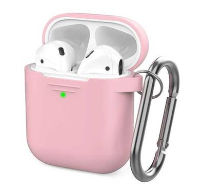 AhaStyle Keychain Silicone Case with Anti-Lost Ring for AirPods 1/2 Generation, Drop Resistant, Dustproof and Absorbing Protective Cover with Hang Case Pink