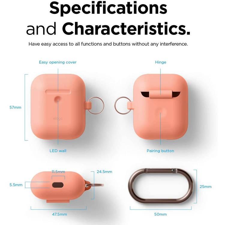 Elago Silicone Case with Anti-Lost Keychain Compatible with Apple AirPods 1/2 Wireless Charging Case, Front LED Visible, Anti-Slip Coating Inside, Premium Silicone - Peach