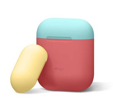 Elago Duo Silicone Case with Apple AirPods Case 1 & 2, Supports Wireless Chargers, Drop Resistant, Dustproof and Absorbing Protective Cover Body-Italian Rose / Top-Coral Blue ,Yellow