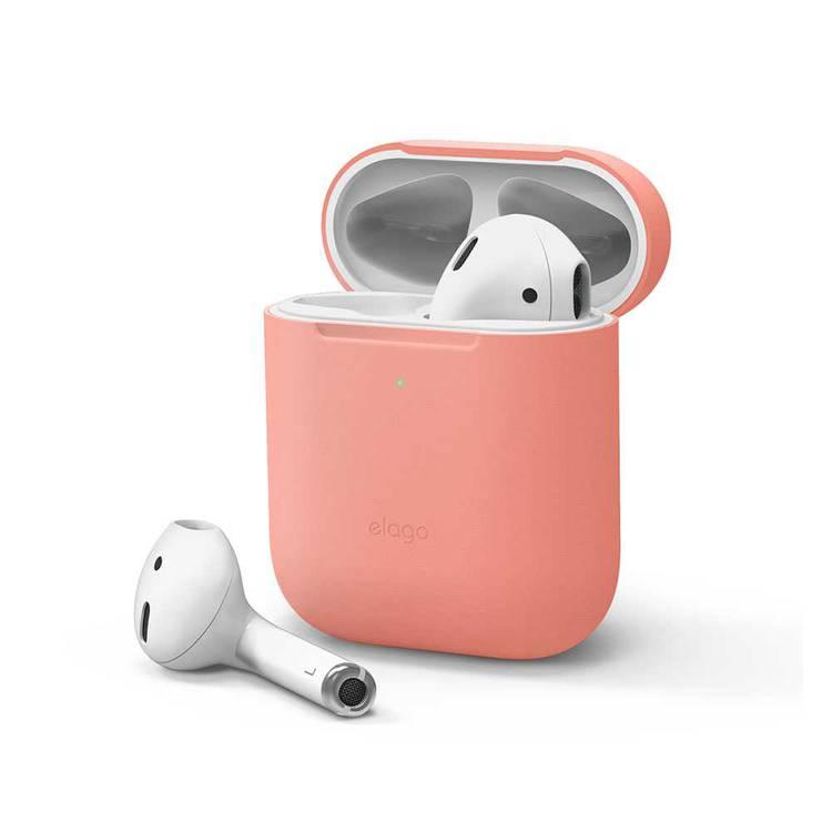 Elago Basic Skinny Case for Apple AirPods 1&2 Generation, Upgraded Premium Silicone, Front LED Visible, Dustproof Protective Cover, Compatibility With Wireless Chargers Neon peach