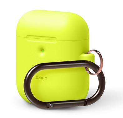 Elago Silicone Case with Anti-Lost Keychain Compatible with Apple AirPods 1/2 Wireless Charging Case, Front LED Visible, Anti-Slip Coating Inside, Premium Silicone - Neon Yellow