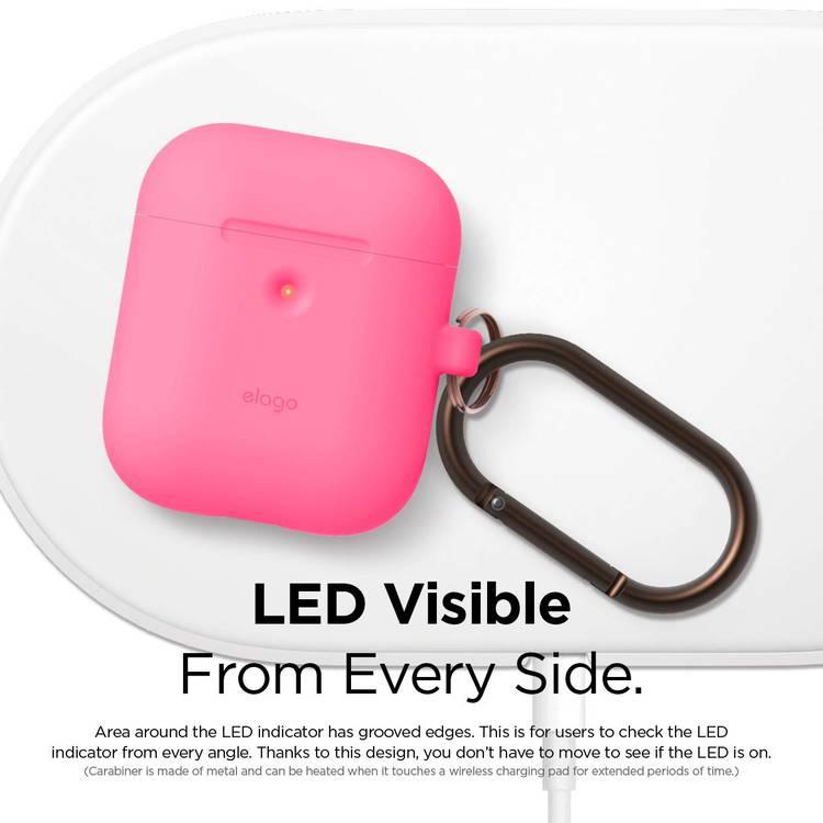 Elago Silicone Case with Anti-Lost Keychain Compatible with Apple AirPods 1/2 Wireless Charging Case, Front LED Visible, Anti-Slip Coating Inside, Premium Silicone - Neon Hot Pink