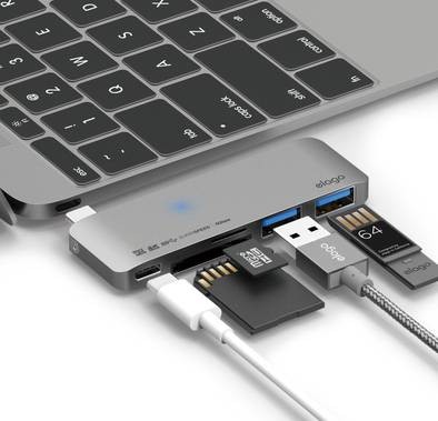 Elago Aluminum Charging Multi Hub USB-C Power Delivery, Charging Multi Hub, 5 Slots Data Transfer, For All-New MacBook and Pro, Two USB 3.0 ports, Silver
