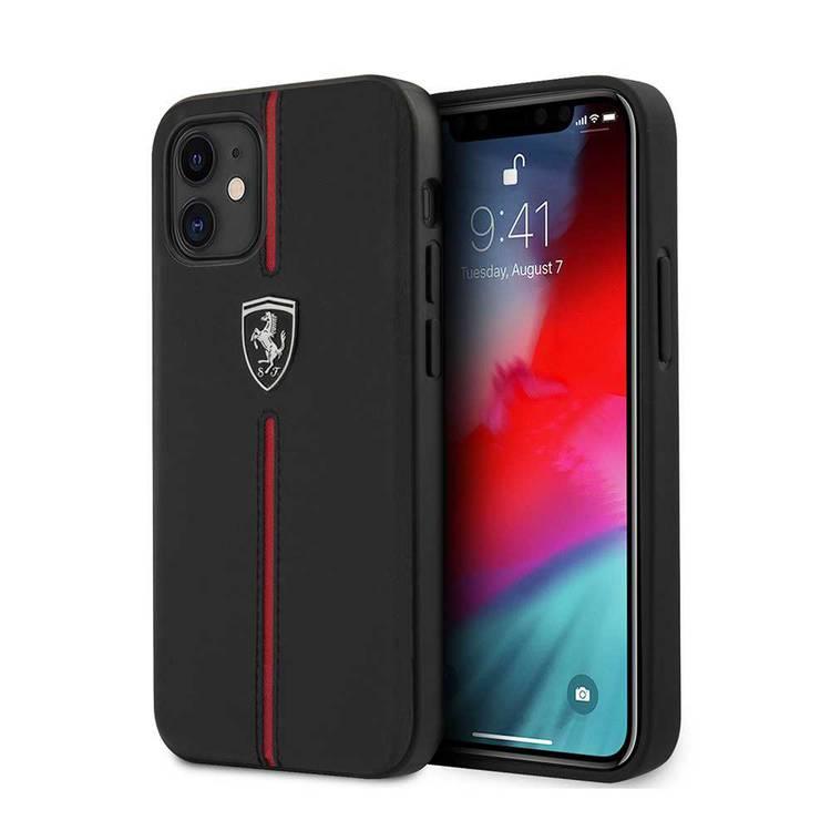 CG Mobile Ferrari Off Track Genuine Leather Hard Case with Contrasted Stitched Nylon Middle Stripe for iPhone 12 Mini (5.4")  Officially Licensed, Shock Resistant - Black