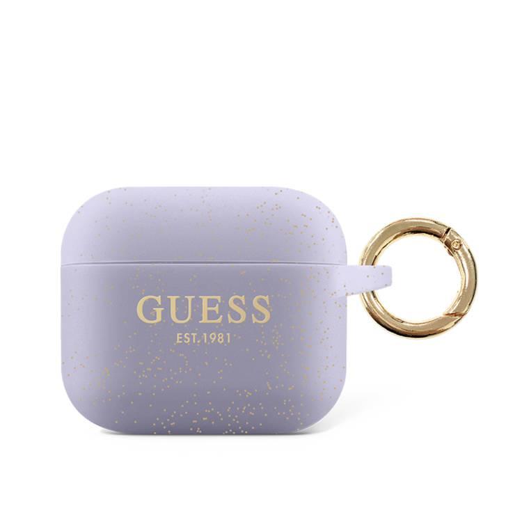 CG MOBILE Guess Silicone Glitter Case with Ring Compatible for AirPods 3, Scratch & Drop Resistant, Dustproof & Absorbing Protective Silicone Cover