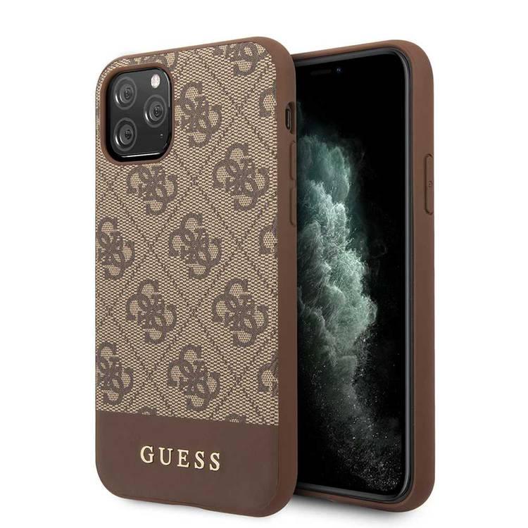 CG Mobile Guess 4G Hard Case PC/TPU with Stripe Metal Logo Bottom with iPhone 11 Pro Officially Licensed, Shock & Supports Wireless Chargers - Brown