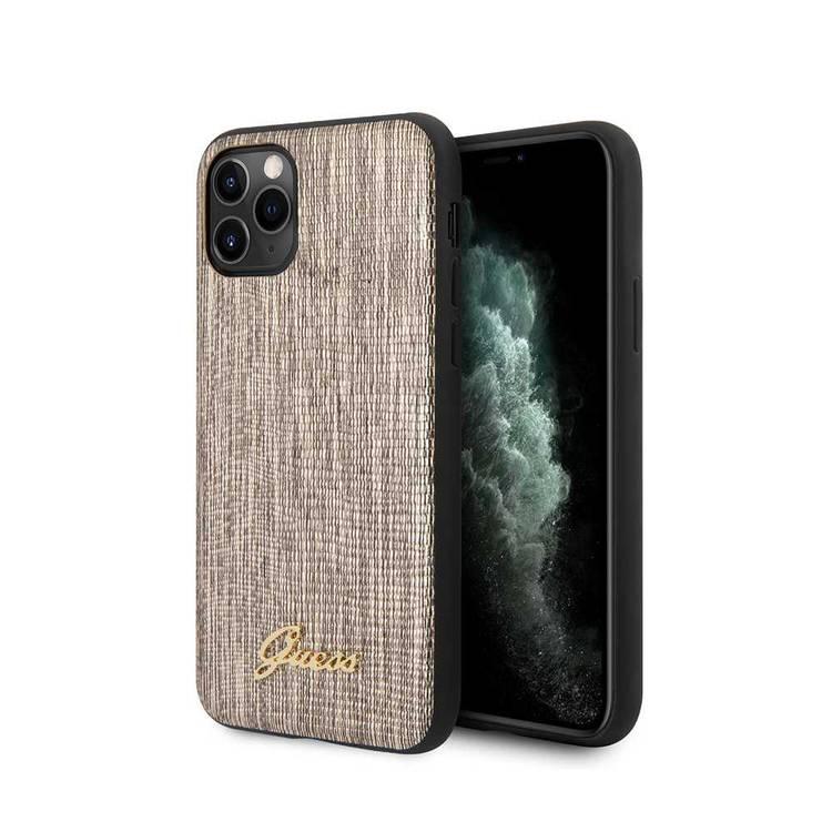 CG Mobile Guess PU Lizard Print Case with Metal Logo for iPhone 11 Pro (5.8") Officially Licensed, Shock Resistant, Scratches Resistant, Compatible with Wireless Chargers - Gold
