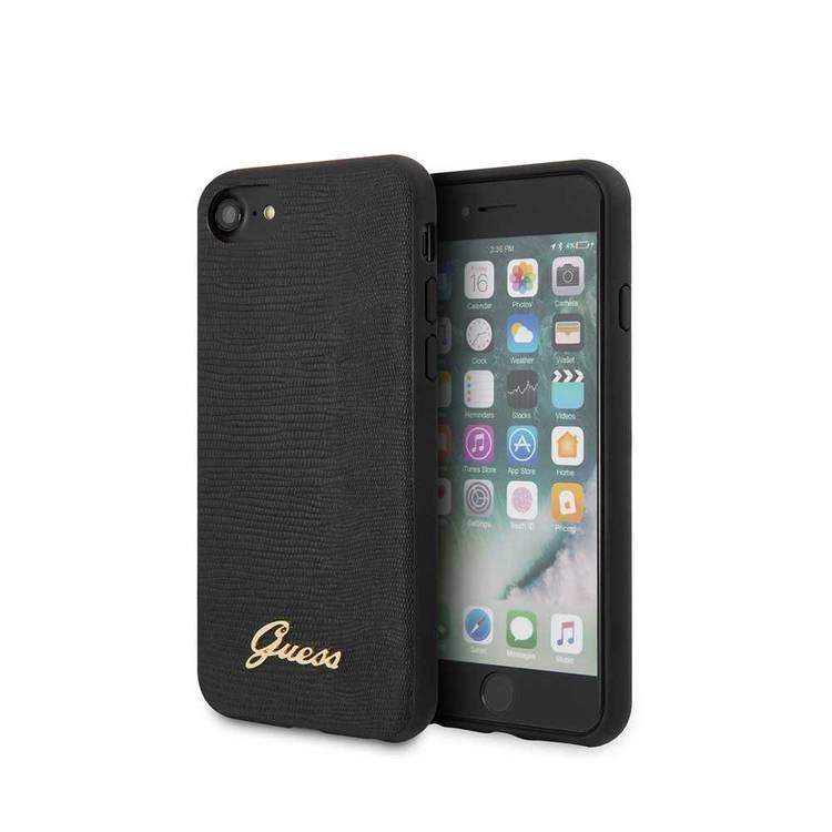 CG Mobile Guess PU Lizard Print Case with Metal Logo for iPhone 7/8/SE2 Officially Licensed, Shock & Scratch Resistant, Compatible with Wireless Chargers - Black