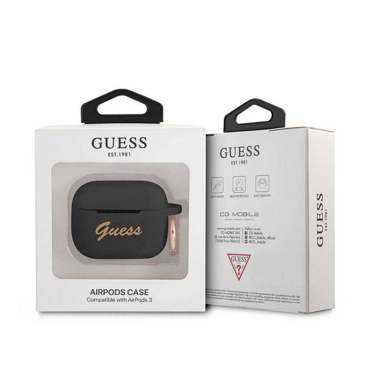 CG MOBILE Guess Silicone Printed Script Case with Anti-Lost Ring Compatible for AirPods 3, Scratch & Drop Resistant, Shock Absorption & Dustproof Protection - Black