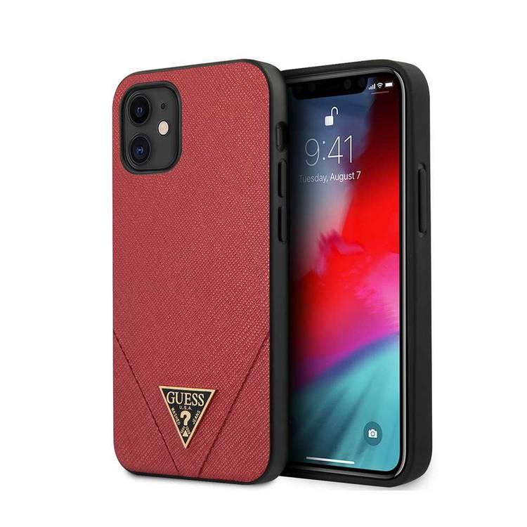 CG Mobile Guess PU Saffiano V Stitched w/ Metal Logo Case for iPhone 12 Mini (5.4") Officially Licensed, Shock Resistant, Compatible with Wireless Chargers - Red