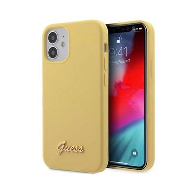 CG MOBILE Guess Liquid Silicone Phone Case w/ Metal Logo Script for iPhone 12 Mini (5.4") Mobile Case Compatible with Wireless Chargers Officially Licensed - Yellow