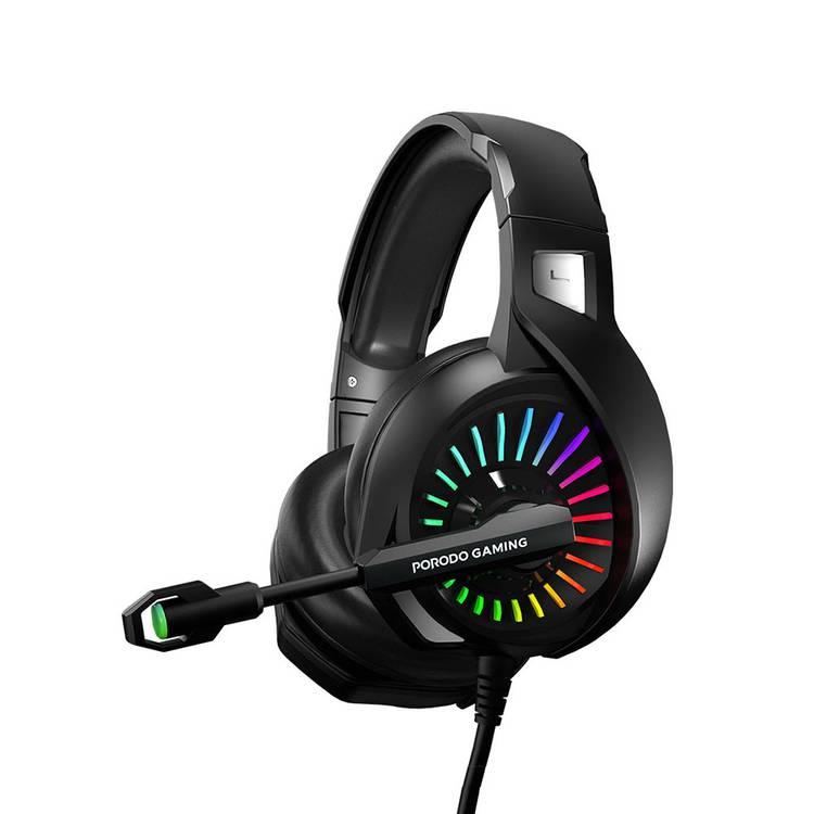 Porodo PDX410-BK Wired Gaming Headset, 3.5 mm Audio Jack, RGB Breathing Lights, Mic for Xbox One/PS4/PS5/PC/Tablet/ Smartphone - Black