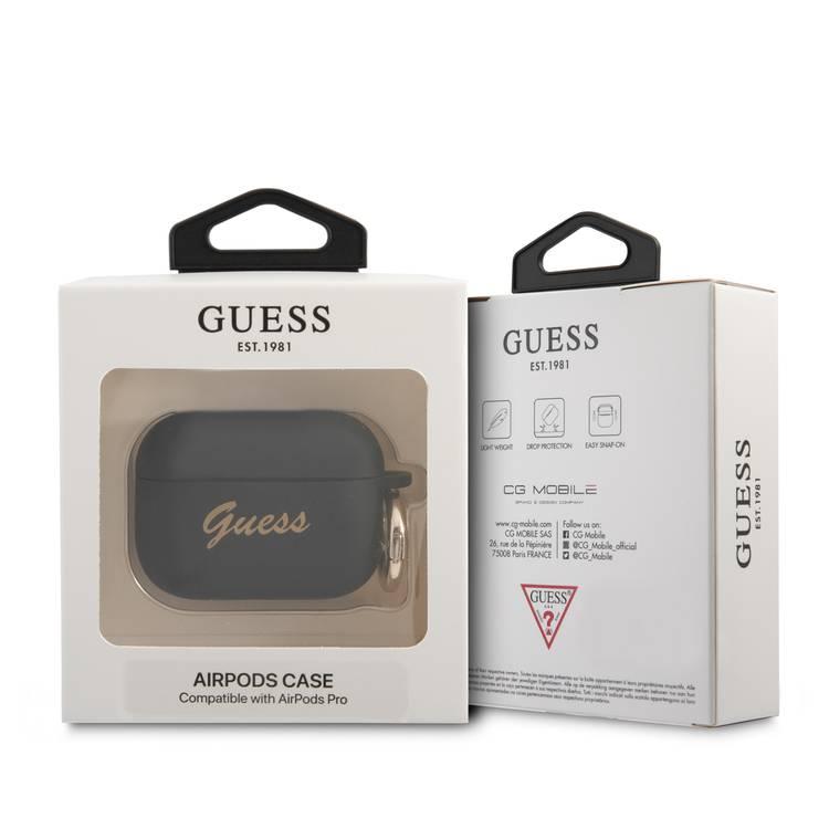 CG MOBILE Guess Silicone Printed Script Case with Ring Compatible for AirPods Pro, Scratch & Drop Resistant, Dustproof & Absorbing Protective Silicone Cover - Black