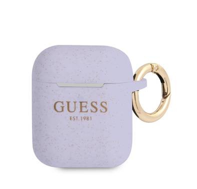 CG MOBILE Guess Silicone Glitter Case with Anti-Lost Ring Compatible for AirPods 1/2, Scratch Resistant, Shock Absorption & Drop Protection Cover Officially Licensed - Purple