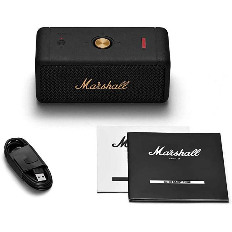 Marshall Emberton Compact Portable Wireless Speaker, 20+ hours Portable Playtime, Bluetooth 5.0, IPX7 Water-Resistance, Multi-Directional Control Knob - Black/Brass