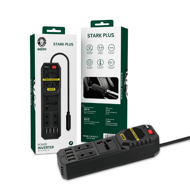 Green Lion Stark Plus Power Inverter 200W With Four USB 3.1A Interfaces, High Voltage Protection, Overload Protection - Black